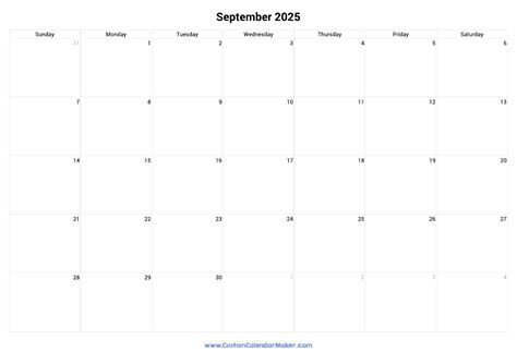 September 2025 Landscape Calendar With Large Boxes | Custom Calendar Maker