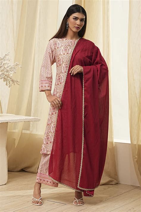Red Cotton Solid Dupatta at Biba India