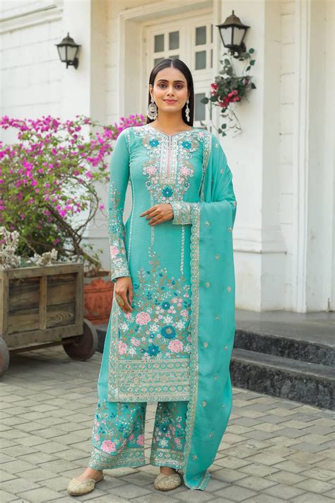 Sky Blue Premium Designer Readymade Top Plazzo Set with Dupa