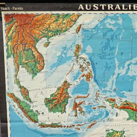 Vintage Mural Map Rollable Wall Chart Poster Australia New Zealand Indonesia For Sale at 1stDibs