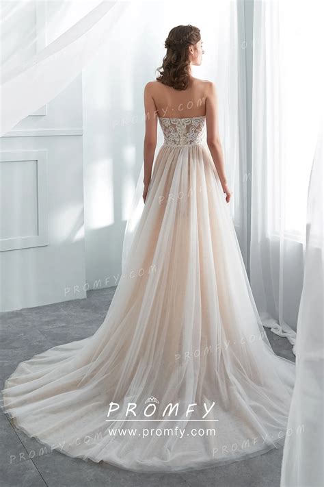 Champagne Lace & Tulle Mermaid Overskirt Wedding Gown - Promfy