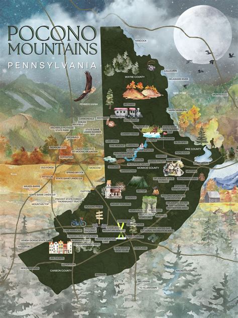 Pocono Mountains Pennsylvania Watercolor Map Print Detailed Mountain Art Decor, Map of the ...