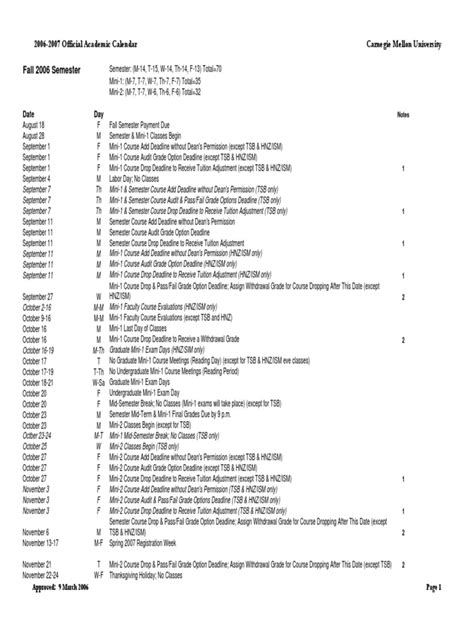 2006-2007 Official Academic Calendar Carnegie Mellon University Fall ...