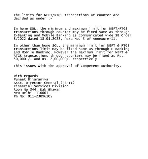 Limits for NEFT/RTGS transactions at Post Office Counter