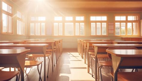 A classroom with a lot of empty chairs and tables | Premium AI ...