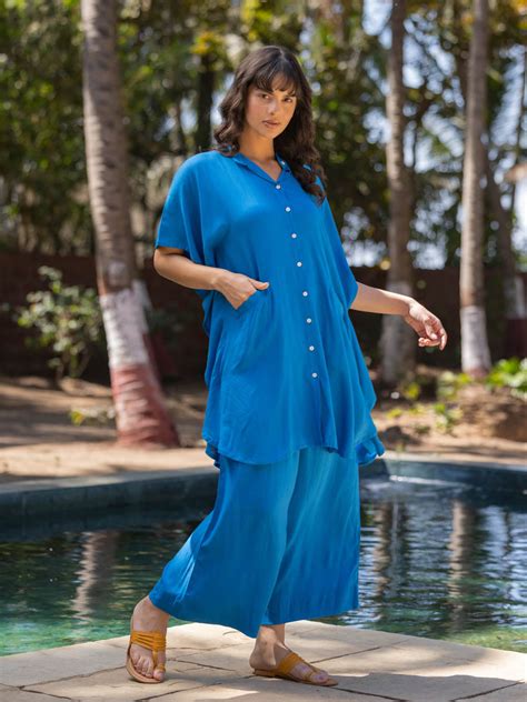 Zephyr Solid Blue Kaftan Shirt Dress | Pinklay