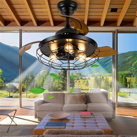 Farmhouse Rustic Ceiling Fan with Lights36inch Black Industrial Caged ...