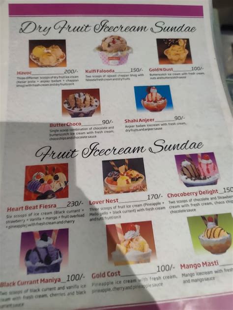 Menu at Dinshaw's Zero Degree, Amravati