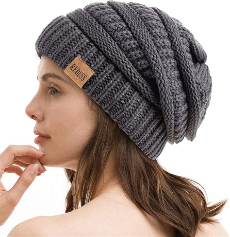 REDESS Slouchy Dark Grey Beanie Hat for Women Winter Warm Knit Cap ...