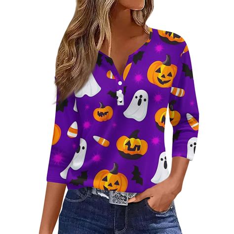 HaHaHappy Adult Halloween Shirts Women V Neck Button Down Henley T ...