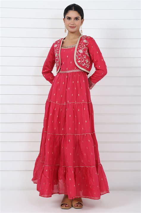 Buy Pink Abstract Printed Dori Embroidered Jacquard Flared Dress And ...