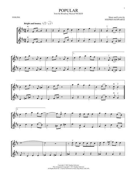 Popular (from Wicked) by Stephen Schwartz Sheet Music for Violin Duet ...