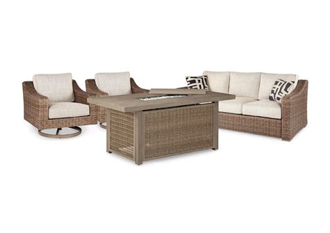 Beachcroft 4-Piece Outdoor Sofa, Swivel Lounge Chairs & Fire Pit Table Set