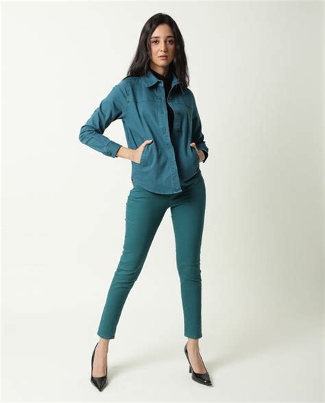 Rareism Women's Metty Petrol Cotton Blend Plain Ankle Length Slim Fit