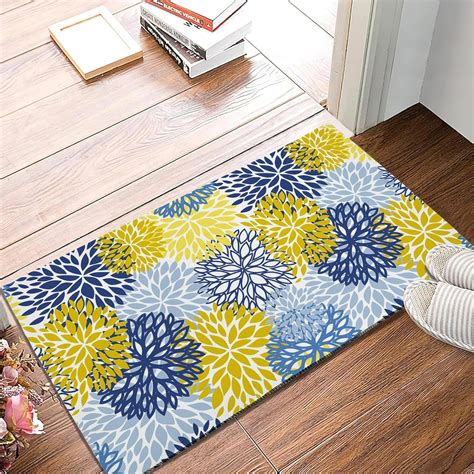 Blue Yellow and Navy Florals Door Mat, 17 x 30 Inch Welcome Doormat ...