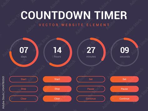 Countdown timer vector website element with buttons. Flat digital clock timer application ...