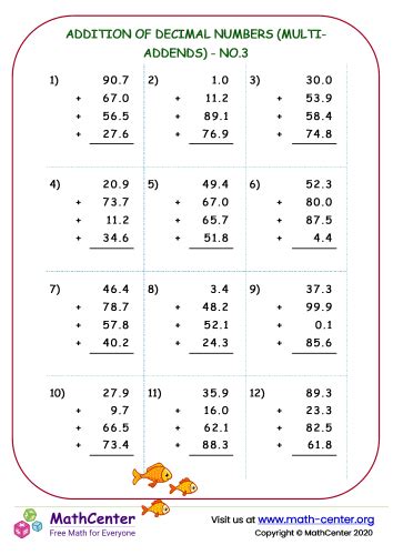 Addition of decimal numbers (multi-addends ) - no.3 | Worksheets | Math ...
