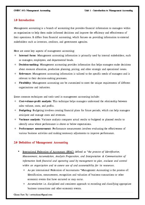 OMBC 103 Short Notes - OMBC 103: Management Accounting Unit 1 ...
