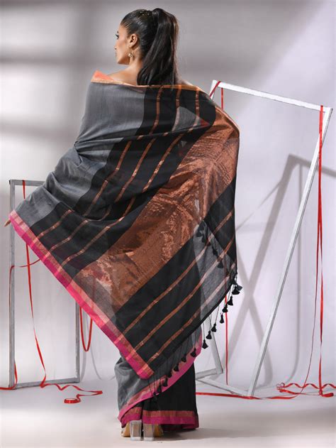 Grey Patli Pallu Cotton Saree With Stripes Zari Borders – Charukriti