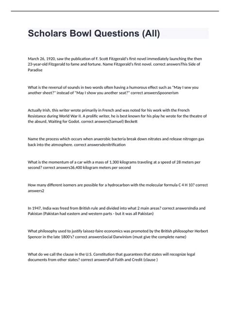 Scholars Bowl Questions & Answers 100% correct 2024 - Scholars Bowl Q ...