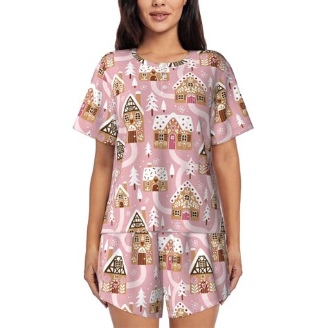 Balery Gingerbread Houses Pink Wonderland Pattern Womens Pajama Sets 2 ...
