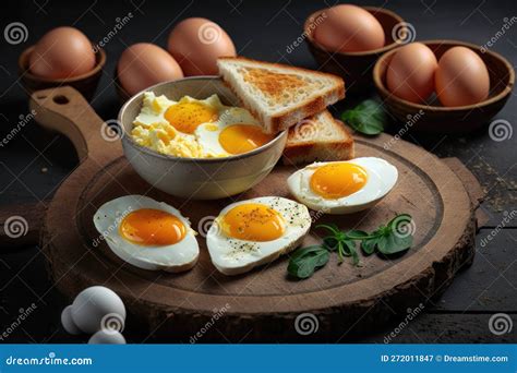 Fried Toast Bread With Four Different Types Of Cooked Chicken Eggs. AI ...