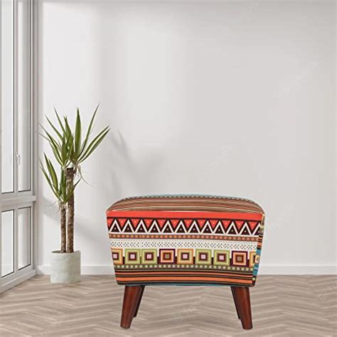 Globally Indian Rectangular Puff in Sheesham Wood (Greek Key Multicolo