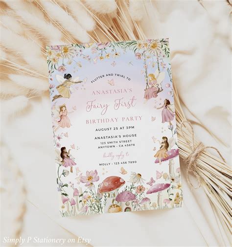 Fairy first birthday invitation for a girl enchanted forest 1st birthday invite printable ...