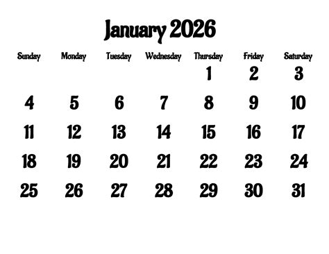 Print Calendar 2026 January