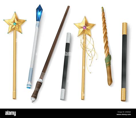 Collection of magic wands of various shapes with stars and jewel realistic vector illustration ...