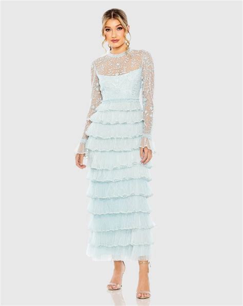 Blue Embroidered Long Sleeve Ruffled Tiered Dress - Mac Duggal