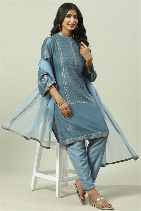 Sky Blue Printed Straight Kurta Salwar Suit Set