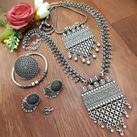 Buy Long Oxidised Necklace Set of 6 With Jhumki/ Indian Statement ...
