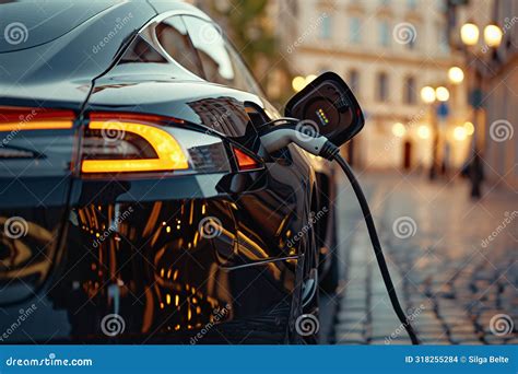An Electric Car, Black , Charges in an Urban Setting. Green Energy and ...