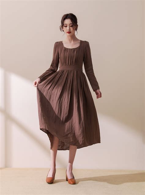 Linen Dress, Women's Long Sleeve Linen Midi Dress in Brown, Long Linen ...