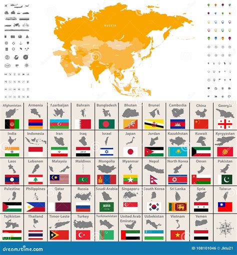 Asia Political Map. Location, Navigation and Travel Icons. Asian Countries Maps and Flags Vector ...