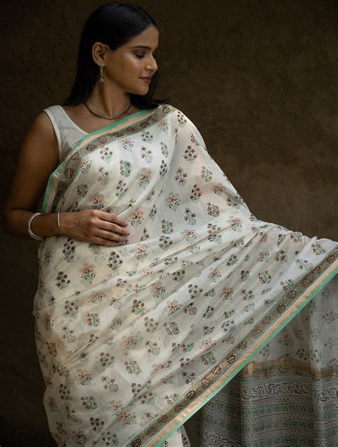 Buy Sanganeri Hand Block Printed Chanderi Saree - Pretty Florals Online
