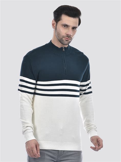 Buy Men's Striper White Half Zipper Regular Fit Sweater Online | Numero Uno
