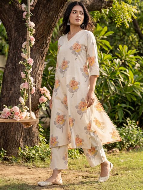 Indo Era Off White Printed A-Line Kurta Palazzos Set