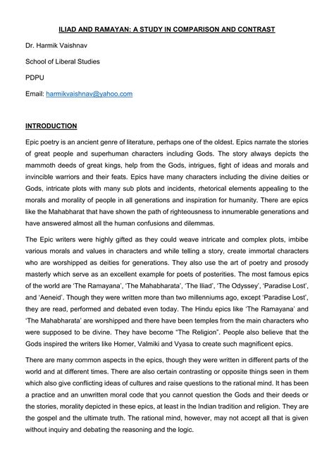 Illiad & ramayan a study in comparison and contrast | PDF