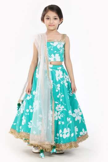 Buy Green Cotton, Net Zari Floral Print Lehenga Set For Girls by Byb ...