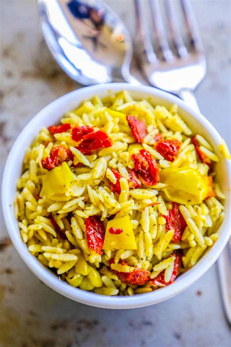 Orzo With Sun Dried Tomatoes and Basil Pesto - Sweet Cs Designs