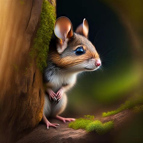 Wild wood mouse peeking out from behind a tree on the forest floor ...