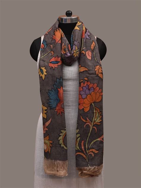 Grey Kalamkari Hand Painted Cotton Handloom Dupatta with Dobi Border a ...