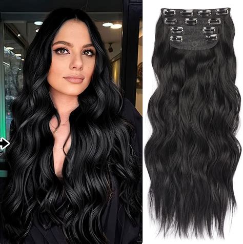 Amazon.com : 4Pcs Clip in Hair Extensions, Long Wavy Synthetic Hair ...