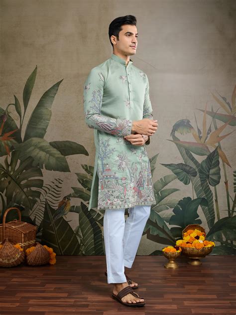 PREMIUM PISTA GREEN VISCOSE SILK PARTY WEAR KURTA FOR MEN – Crowkurtas