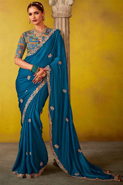 Buy Teal Blue Thread Work Organza Saree From Designer Lehenga Choli