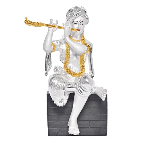Diviniti 999 Silver Plated Lord Krishna Playing Flute Idol Statue Eleg ...