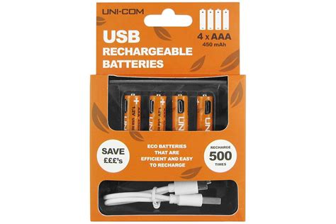UNI-COM 450mAh USB Rechargeable Ni-MH AAA Batteries with Micro USB ...