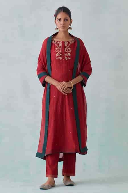 Buy Maroon Cotton, Chanderi Sequins, Embroidery Round Neck Kurta Pant ...